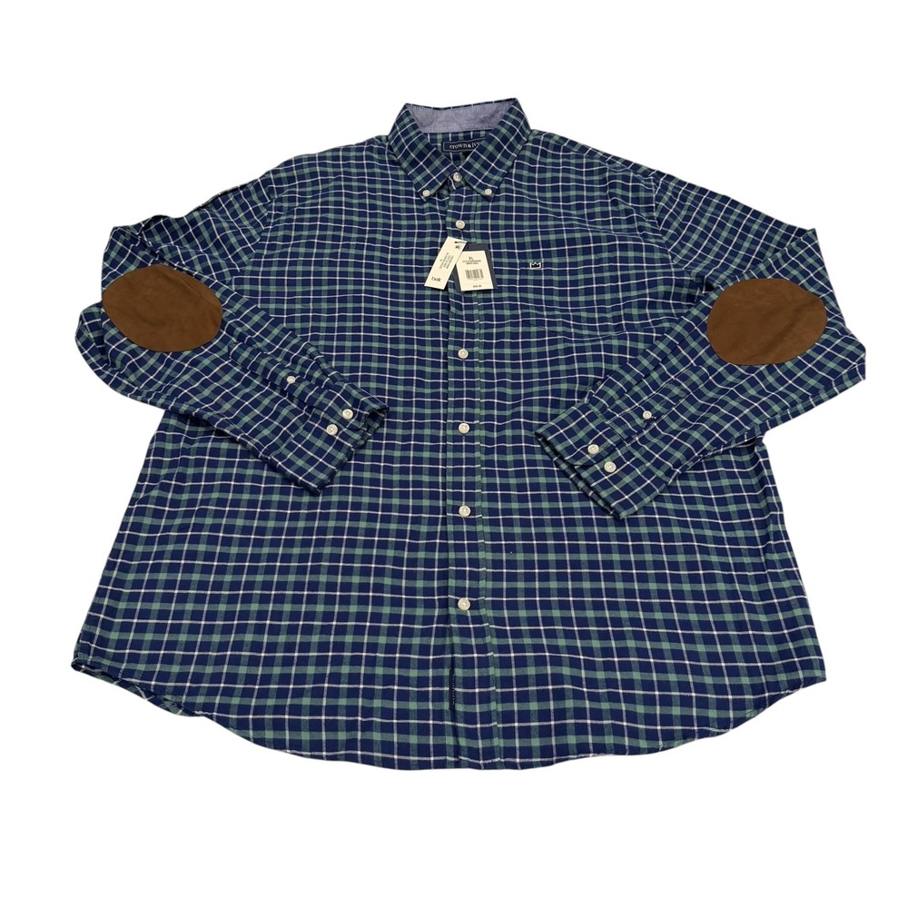 Crown & Ivy Mens XL Green Navy Plaid Cotton Button Down Shirt Elbow Patches NWT